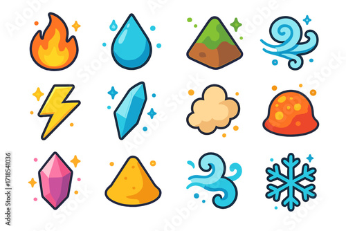 Isometric Element Icons. Colorful isometric vector icons set of classical elements: fire flame, water droplet, earth mound, wind swirl, lightning bolt, ice