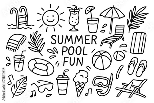 Summer Pool Essentials. Hand-drawn doodle illustration Summer pool fun pool ladder, float ring, beach ball, flip flops, cocktail, sun, palm leaf, towel,