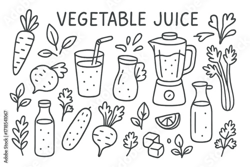 Vegetable Juice Doodle. Hand-drawn doodle illustration Vegetable juice, carrot, beetroot, cucumber, celery, glass of juice, straw, blender, pitcher, ice cubes,