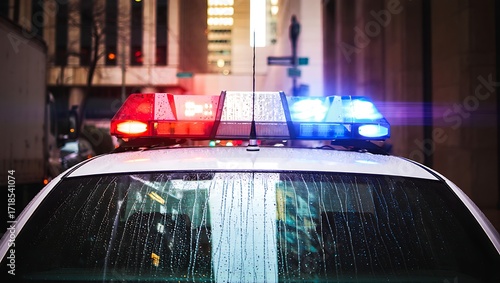 Urgent Response: Police Car Lights in City Night for Law Enforcement and Public Safety Campaigns