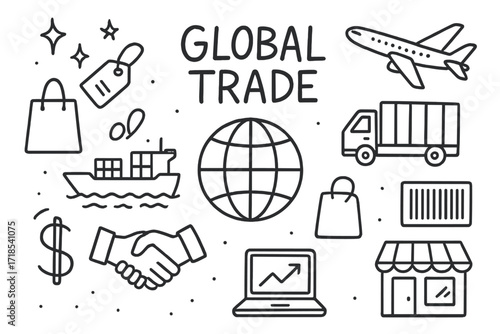 Global Trade Doodle. Hand-drawn doodle illustration Global Trade [globe, cargo ship, airplane, delivery truck, shopping bag, barcode, handshake, dollar sign,