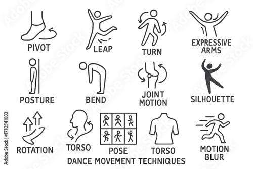 Dance Movement Doodles. Hand-drawn doodle illustration [Dance movement techniques] [pivot icon, leap figure, turn arrows, floor contact, posture line, bend