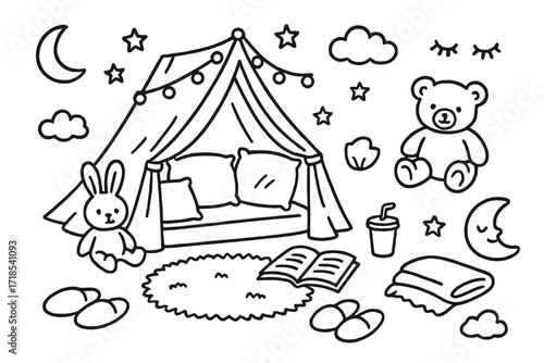 Cozy Indoor Doodle Scene. Hand-drawn doodle illustration Indoor tent with cushions tent structure, floor cushion, fairy lights, plush toy, storybook, cup with