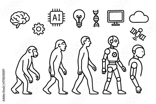 AI Evolution Journey. Hand-drawn doodle illustration human evolution in the age of AI human silhouette stages, monkey, early human, modern human, robot,