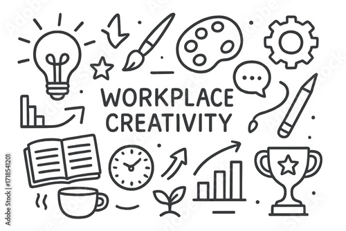 Creative Office Doodles. Hand-drawn doodle illustration Workplace creativity [light bulb, paintbrush, palette, gear, book, star, speech bubble, pencil, coffee