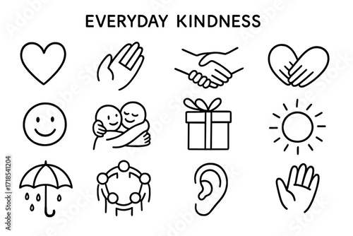 Everyday Kindness Icons. Hand-drawn doodle illustration Everyday kindness heart, open hand, helping hand, handshake, smile, hug, gift box, tea cup, umbrella,