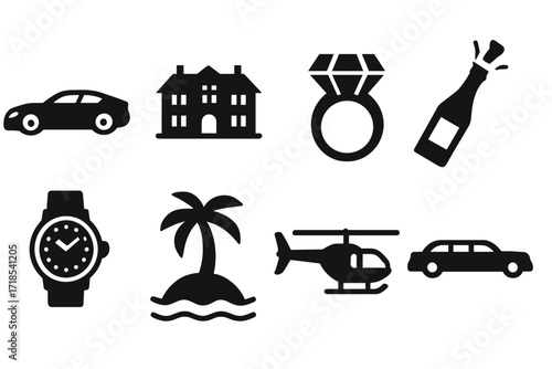 Luxury Icons Collection. Solid, filled icon set of tycoon luxury lifestyle: sports car, mansion, diamond ring, champagne bottle, designer watch, private