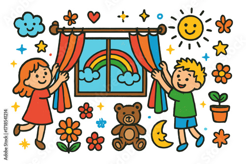 Colorful Children's Doodle. Colorful Hand-drawn doodle Children illustration Decorating with Curtains colorful curtains, curtain rod, window, rainbow, smiling