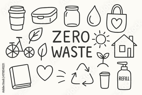 Zero Waste Doodles. Hand-drawn doodle illustration Zero waste lifestyle [reusable cup, lunch box, jar, bag, bicycle, leaf, water droplet, recycle bin, sprout,
