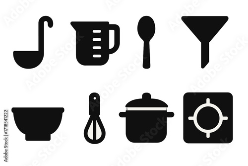 Syrup Kitchen Icon Set. Solid, filled icon set of syrup kitchen tools: ladle, measuring cup, spoon, funnel, mixing bowl, whisk, pot, stove burner. Solid,