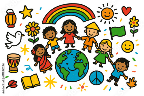Global Unity Doodle. Colorful Hand-drawn doodle Children illustration Diverse Cultures Around the World [globe, children holding hands, rainbow, star, heart,