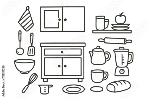 Cozy Kitchen Doodle. Hand-drawn doodle illustration Designing a cozy and functional kitchen Cabinet, Shelf, Kitchen towel, Ladle, Spatula, Rolling pin,