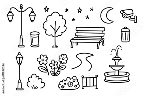 Park Night Doodles. Hand-drawn doodle illustration Park Lighting lamp post, bench, tree, path curve, ground light, glowing bulb, trash bin, bush, flower bed,