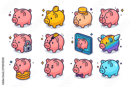 Colorful Piggy Bank Icons. Colorful isometric vector icons set of piggy banks: classic pink piggy bank, golden piggy, ceramic pig with coins, piggy with lock,