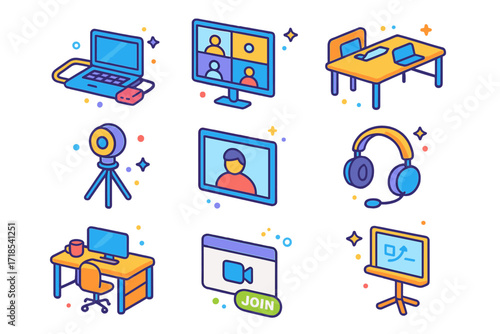 Hybrid Work Icons. Colorful isometric vector icons set of Hybrid work setup: laptop with dock, meeting room screen, shared table, webcam on tripod, remote
