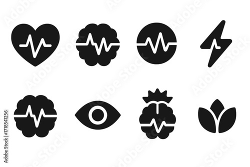 Pulse Emotion Icons. Solid, filled icon set of pulse emotions and moods: excitement, anxiety, calm, energy, alertness, focus, stress, relaxation. Solid, filled