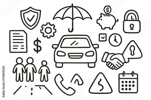 Car Insurance Elements. Hand-drawn doodle illustration Car insurance car, shield, umbrella, gear, checklist, family silhouette, document, piggy bank, dollar