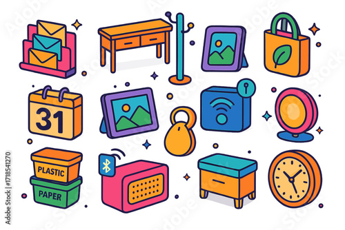 Colorful Entryway Icons. Colorful isometric vector icons set of functional entryway design: mail organizer, drawer console table, coat rack stand, calendar