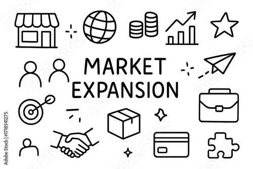 Market Expansion Doodle. Hand-drawn doodle illustration Market expansion store, map, globe, coins, chart arrow, people icons, paper plane, star, spark,