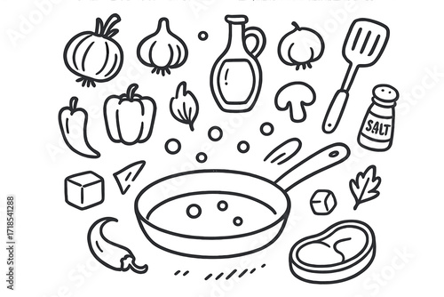 Frying Pan Essentials. Hand-drawn doodle illustration Frying Pan and Ingredients frying pan, onion, pepper, garlic, tomato, mushroom, oil bottle, spatula,