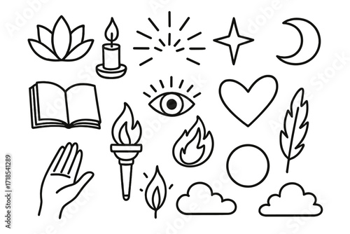 Spiritual Icons Doodle. Hand-drawn doodle illustration spiritual illumination lotus flower, candle, rays of light, star, moon, sun, open book, eye, heart,