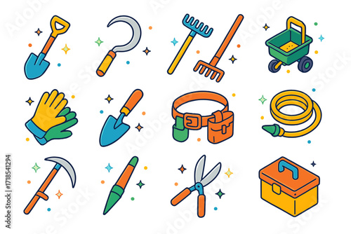 Colorful Farming Icons. Colorful isometric vector icons set of Farming tools and gear: shovel, sickle, rake, seed spreader, gardening gloves, trowel, tool