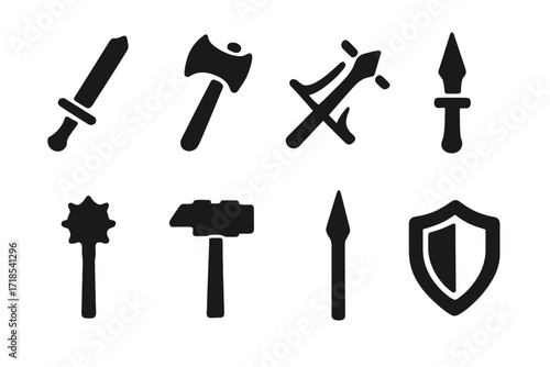 Lord's Weapon Icons. Solid, filled icon set of lord?s weapons: longsword, battle axe, crossbow, dagger, mace, war hammer, spear, shield. Solid, filled icons in