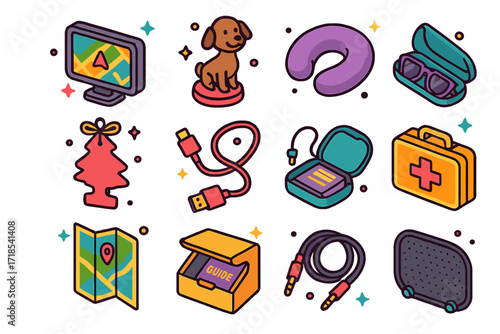 Car Travel Essentials Icons. Colorful isometric vector icons set of Car Travel Must-Haves: GPS navigator, dashboard bobblehead, travel pillow, car