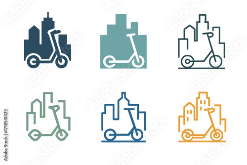 Electric Scooter Designs. Using an electric scooter to commute in the city. Set Logo of Using an electric scooter to commute in the city: scooter with skyline