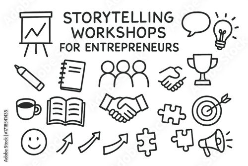 Entrepreneurial Storytelling Doodles. Hand-drawn doodle illustration Storytelling workshops for entrepreneurs flip chart, marker, notebook, speech bubble,