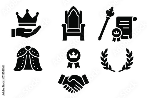 Monarchic Transition Icons. Solid, filled icon set of monarchic transition: crown handover, throne, scepter, royal robe, seal, scroll, handshake, laurel
