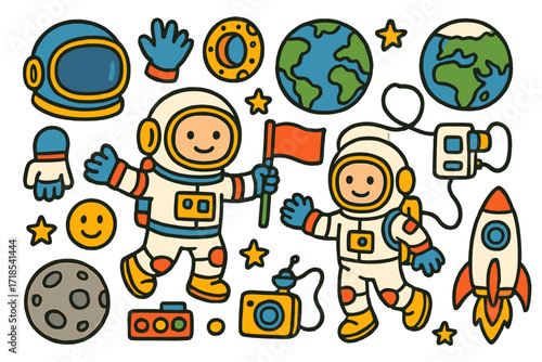 Space Adventure Doodle. Colorful Hand-drawn doodle Children illustration Astronauts in space helmet, space gloves, boots, flag, docking port, planet Earth,