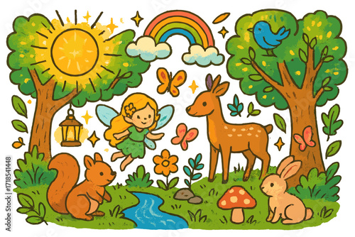 Magical Sunlit Forest. Colorful Hand-drawn doodle Children illustration Magical sunlit forest [sparkling sun, glowing trees, fairy, deer, rabbit, butterfly,