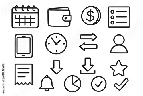 Mobile Wallet Icons. Hand-drawn doodle illustration Mobile wallet transaction history calendar, wallet, dollar icon, list lines, phone, clock, profile icon,