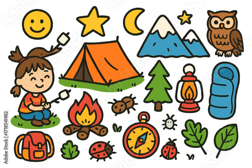 Camping Adventure Scenes. Colorful Hand-drawn doodle Children illustration Camping in the mountains tent, campfire, marshmallow stick, star, sleeping bag,