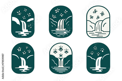 Firefly Logo Variations. Shifting landscapes fireflies. Set Logo of Shifting landscapes fireflies: fireflies near waterfall. harmonious logo variations of the
