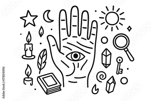 Mystical Palmistry Doodles. Hand-drawn doodle illustration palmistry hand with lines, eye, star, moon, sun, candle, feather, magnifying glass, book, key,