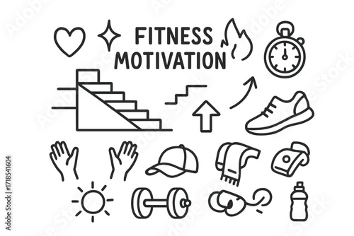 Stadium Fitness Motivation. Hand-drawn doodle illustration Fitness motivation at stadium [stairs, heart, flame, sparkle, star, stopwatch, running shoe, arrow