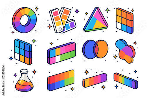 Colorful Isometric Icons. Colorful isometric vector icons set of vibrant color palettes: rainbow gradient wheel, color swatch fan, neon triangle palette, warm