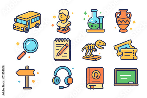 Educational Excursion Icons. Colorful isometric vector icons set of Educational excursion: school bus, museum exhibit, science lab tour, ancient artifact,