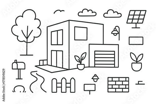 Minimalist Residential Doodles. Hand-drawn doodle illustration Minimalist residential buildings cube house, large windows, patio, roofline, tree, mailbox, path
