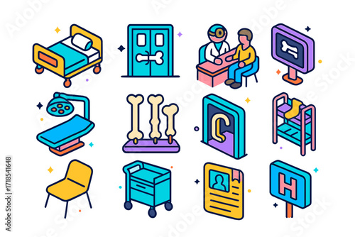 Orthopedic Department Icons. Colorful isometric vector icons set of hospital orthopedic department: patient bed, orthopedic ward door, doctor consultation,