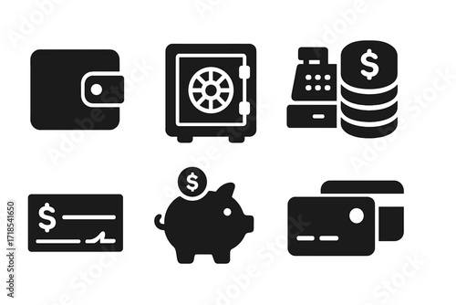 Monopoly Money Icons. Solid, filled icon set of monopoly money management: wallet, bank vault, cash register, coin stack, cheque, piggy bank, credit card,