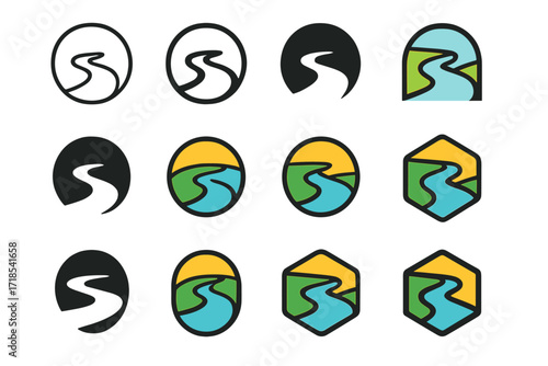 Colorful Geometric Logo Grid. Set Logo of Harmony: Flowing river path. Logo set in vector style, emblematic variations. line, bold thick line, solid black