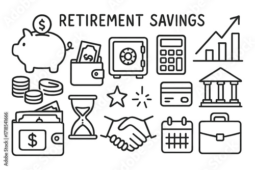 Retirement Savings Doodle. Hand-drawn doodle illustration Retirement savings piggy bank, coins, dollar bill, wallet, safe box, calculator, chart arrow, bank
