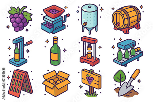 Vineyard to Bottle Icons. Colorful isometric vector icons set of vineyard to bottle journey: grape bunch, grape crusher, fermentation tank, oak barrel, cork