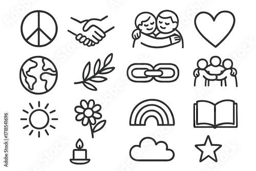 Unity Symbols Doodle. Hand-drawn doodle illustration Unity and friendship peace symbol, handshake, hugging people, heart, globe, olive branch, chain links,