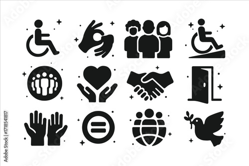 Diverse Inclusion Icons. Inclusion. Solid icons set of wheelchair symbol, sign language hand, diverse people, accessible ramp, inclusive circle, support heart,