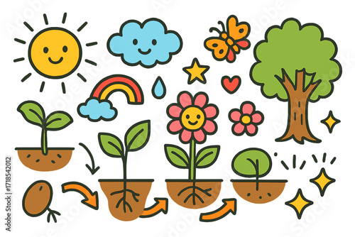 Green Plant Journey. Colorful Hand-drawn doodle Children illustration Life of a Green Plant [seed, sprout, leaf, flower, tree, root, sun, cloud, rainbow, water