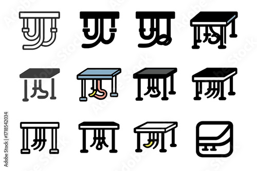 Cable Management Logos. Set Logo of Arranging office cables neatly: Cable routing under raised floor. Logo set in vector style, emblematic variations. line,